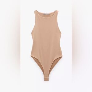 ZARA MEDIUM NUDE BEIGE HALTER HIGH NECK SLEEVELESS BODYSUIT